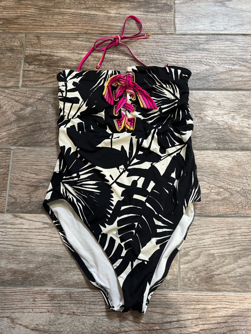 Trina Turk Halter Black & White Tropical One-Piece Swimsuit size 4?